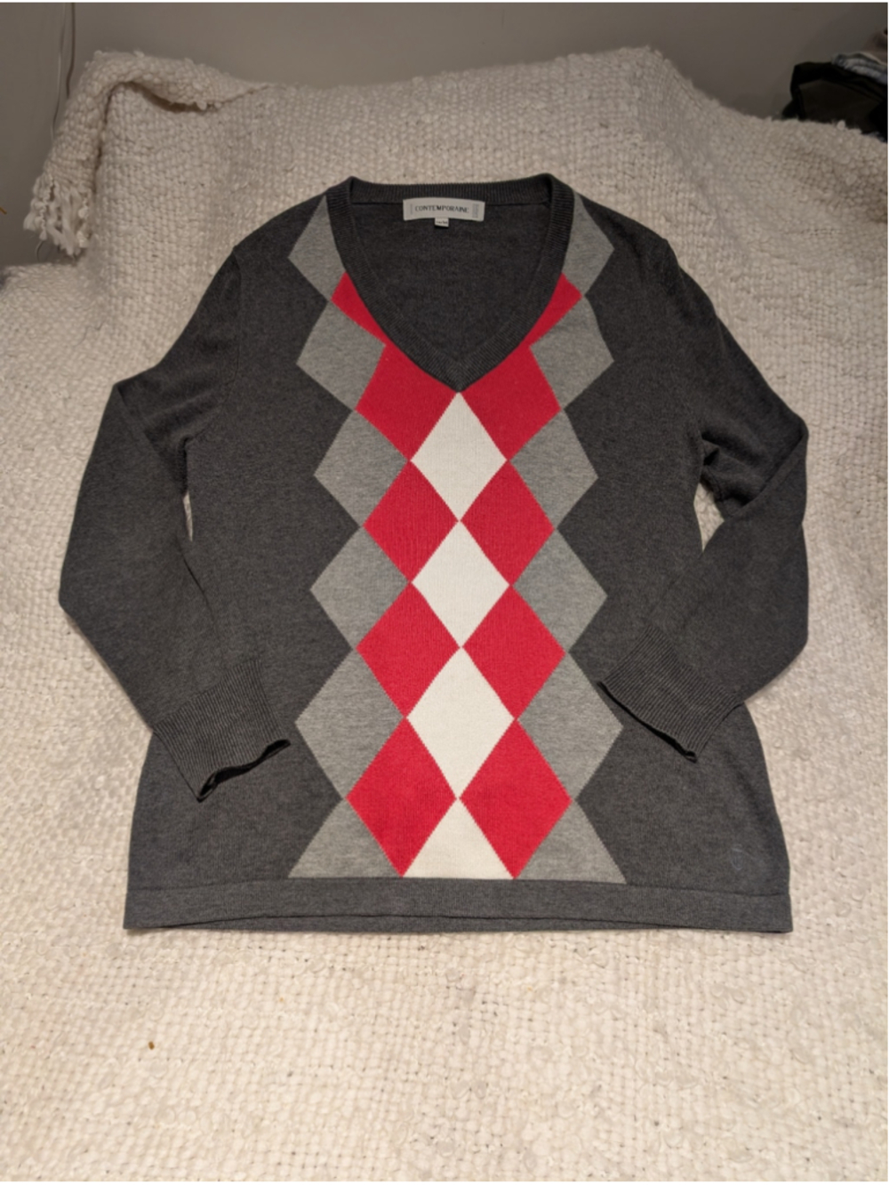 Women's Contemporaine V-Neck Argyle Sweater, Size M, Grey and Red